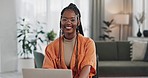 Black woman, portrait in home office and laptop for remote work, social media or blog research with smile in apartment. Happy freelancer at desk with computer for email, website or online in house.