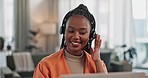 Black woman, virtual assistant in home office with laptop and phone call, remote work and crm in apartment. Girl at desk with computer, headset and conversation for advice, online chat and support.