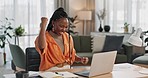 Black woman, excited in home office and celebration at laptop for remote work, social media or blog apartment. Happy girl at desk with computer for winning email, achievement and success in freelance