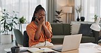 Black woman, surprise in home office and celebration at laptop for remote work, social media or excited blog. Happy girl at desk with computer for winning email, achievement and success in freelance