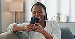 Happy, funny and black woman on a couch, smartphone or connection with social media, comedy post or home. African person, apartment or girl on sofa, cellphone or mobile user with humor, laugh or joke