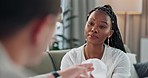 Psychology, mental health and empathy with a black woman therapist talking to a patient in her office. Support, consulting and trauma with a young psychologist listening to a client in grief therapy