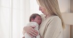 Family, love and mother with baby sleeping for bonding, relationship and child development at home. Newborn, motherhood and mom carrying infant for care, support and dreaming in nursery room