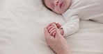 Sleeping, holding hands or mother with infant, love or support for care, health or wellness at home. Fingers, family or mama with a healthy baby, protection or child development for bond or maternity