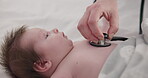 Baby, stethoscope and doctor listening to heart, breathing and test kids healthcare in clinic. Infant, heartbeat and hand of pediatrician examine patient, chest and check cardiology health of lungs