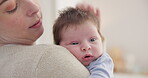 Love, mother and baby in nursery for bonding, touch or cuddle with support or care in house. Woman, mom or holding newborn in bedroom with bond and relax for child development and nurture in home