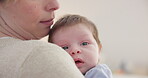 Love, mother and baby in nursery for cuddle, touch or bonding with support or care in house. Woman, mom or holding newborn in bedroom with bond and relax for child development and nurture in home