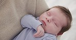 Mother, baby and nap closeup with love, care and support for newborn in nursery with sleep. Young child, mom and family with youth and childcare with bonding and maternity in a home with infant