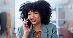 Woman, smartphone and phone call in office for communication, client feedback and fashion designer. Entrepreneur, cellphone and start up with happy customer, growth and technology for conversation 