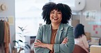 Happy designer woman, arms crossed and workshop with face, pride and smile for fashion, manufacturing or boutique. Entrepreneur, small business owner and portrait for clothes, factory and leadership