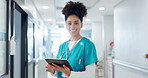 Nurse, woman and tablet for hospital services, healthcare charts and clinic information with happy results or progress. Face of african doctor with digital technology, medical research or telehealth