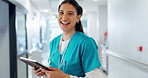 Nurse, doctor and tablet for hospital services, healthcare research or working with clinic results and data software. Face of medical woman with digital technology for online management and schedule