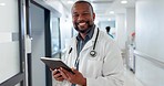 Doctor, happy man and tablet for healthcare planning, clinic management and online charts or results. Medical expert or face of african person on digital technology for services and hospital data
