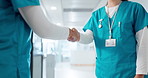 Doctors, nurses and shaking hands for hospital welcome, introduction and onboarding, internship or thank you. Professional people in clinic handshake for medical opportunity, deal and hiring success