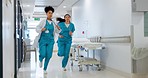 Woman, doctor and running in hallway emergency, ICU or quick surgery to save life at hospital. Female person, medical team or nurse in rush for ER healthcare, urgency or support together at clinic