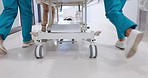 Group, doctor and legs running with stretcher for emergency, ICU or quick surgery to save a life at hospital. Closeup of medical people or shoes in rush with bed for healthcare, urgency or support