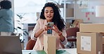 Small business, phone and barcode on box with laptop for logistics, delivery or tracking of order. Female ceo, manager or entrepreneur in fashion design with shipment, checking and scan for customer