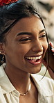 Phone call, woman and happy with communication in living room of home for gossip, story or talking. Indian, young person and student and smartphone for networking on mobile conversation or discussion