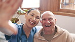 Selfie, smile and an old man with his woman nurse in a retirement home together for senior care. Portrait, healthcare or medical and an elderly patient in an apartment with his happy young caregiver