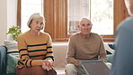 Senior couple in marriage therapy, conversation and communication, help and consultation on sofa. Elderly man, woman and counselling with psychologist for mental health, support and reconciliation