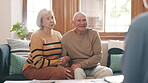 Elderly couple in marriage therapy, conversation or consulting, help and communication. Happy senior man, woman and counselling with psychologist for mental health advice, support or reconciliation