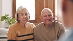 Happy senior couple in marriage therapy, talking and communication, help and consultation. Elderly man, woman and counselling with psychologist for mental health advice, support and reconciliation