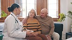 Senior couple, doctor and medication in pills, consultation and instructions for medicine, health and antibiotics. Healthcare, professional and retired in retirement home, speaking and medical advice