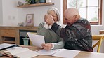 Document, conversation and senior couple in dining room for mortgage, financial bills or debt payment. Paperwork, discussion and elderly man and woman in retirement talking for pension budget at home