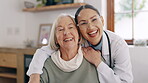 Face, smile and doctor with senior woman in home, healthcare or wellness. Portrait, happy medical professional and patient, funny people and hug at consultation, laughing and support at appointment