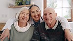 Face, smile and doctor with senior couple in home, healthcare or wellness. Portrait, happy medical professional and patient, funny people and hug at consultation, laughing and support at appointment