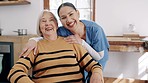 Caregiver, video or senior woman with care at nursing home, kitchen or retirement in support or help. Nurse, elderly person or disability for happy selfie, healthcare or wellness in house together