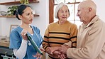 Woman, doctor and tablet consulting elderly couple for prescription, checklist or diagnosis at old age home. Female person, nurse or medical caregiver talking to senior people on technology at house