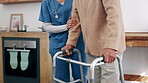 Nurse, senior man with disability and walker, help and assistance at home in retirement. Elderly person, caregiver and support in physical therapy, exercise and recovery or rehabilitation of injury