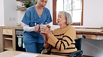 Woman, nurse and coffee in elderly care for support, trust or service at old age or retirement home. Female doctor or medical caregiver giving tea, mug or drink to senior or person with a disability