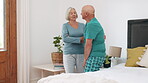 Wife, help or old husband in bedroom care mobility walk, comfort or marriage love. Senior partnership, female person or wake up relationship or injury rehabilitation, elder age or disabled assistance