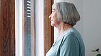 Senior woman, window and thinking with memory, ideas or vision with peace, mindfulness or perspective. Elderly person, home and remember with calm for decision, choice or planning retirement in home