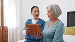 Senior woman, nurse and tablet in bedroom, help and care for support, caregiver and nursing. Technology, healthcare and elderly for medical, professional and worker for patient, respect and talk
