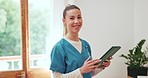 Face, nursing home or nurse with tablet results, medical exam info or digital report update online. Smile, history check or happy caregiver reading data for physiotherapy or rehabilitation research