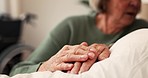 Senior, couple and hand for comfort in closeup for touch, support or care in bedroom. Elderly people, marriage and love for romance, together and relationship for wellness, health or news in home