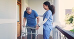 Elderly, man and nurse with walker, help and support for mobility, physical therapy or rehabilitation on balcony. Senior, person and caregiver or professional outdoor with walking, talking or smile