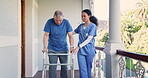 Senior, man and nurse with walker, help and support for mobility, physical therapy or rehabilitation on balcony. Elderly, person and caregiver or professional outdoor with walking, talking or smile