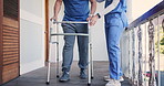 Senior, legs and nurse with walker, help and support for mobility, physical therapy or rehabilitation on balcony. Elderly, person and caregiver or professional outdoor with walking, talking or smile