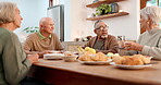 Breakfast, elderly friends and conversation with people in a retirement home together for bonding in the morning. Tea party, drink and a group of seniors chatting in the living room of an apartment