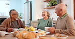 Breakfast, tea party and laughing with senior friends laughing in a retirement home together for bonding in the morning. Smile, drink and a group of funny old people chatting in an apartment kitchen