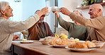 Tea party, toast and celebration with old people in a retirement home together for bonding in the morning. Smile, drink and a group of happy seniors in the living room of an apartment for cheers