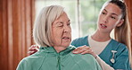 Senior woman, shoulder pain or massage by doctor for arthritis, physical therapy or nursing home by healthcare. Elderly person, spine or trust physiotherapist in osteoporosis, disability care or help