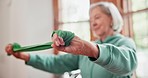 Physical therapy, senior woman and band stretching with wellness exercise for health at hospital. Physiotherapist, healing and elderly patient with consultation and assessment for care and support