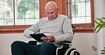 Home, wheelchair and senior man with a tablet, connection and social media with typing, digital app and network. Pensioner, person with a disability and elderly guy with technology, news and internet