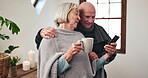 Senior couple, smartphone and communication in church, spiritual mindset and god discussion with technology. Elderly woman and man with cellphone, online reading and digital in bible study to relax 