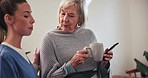 Nurse, tablet and elderly woman talking, communication and consultation in home. Caregiver, technology and happy senior person with coffee, phone app and healthcare report, results or advice online